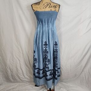 LAPIS Size OSFM Blue Charmeuse Strapless Smocked Maxi Dress Navy Jacobean Floral